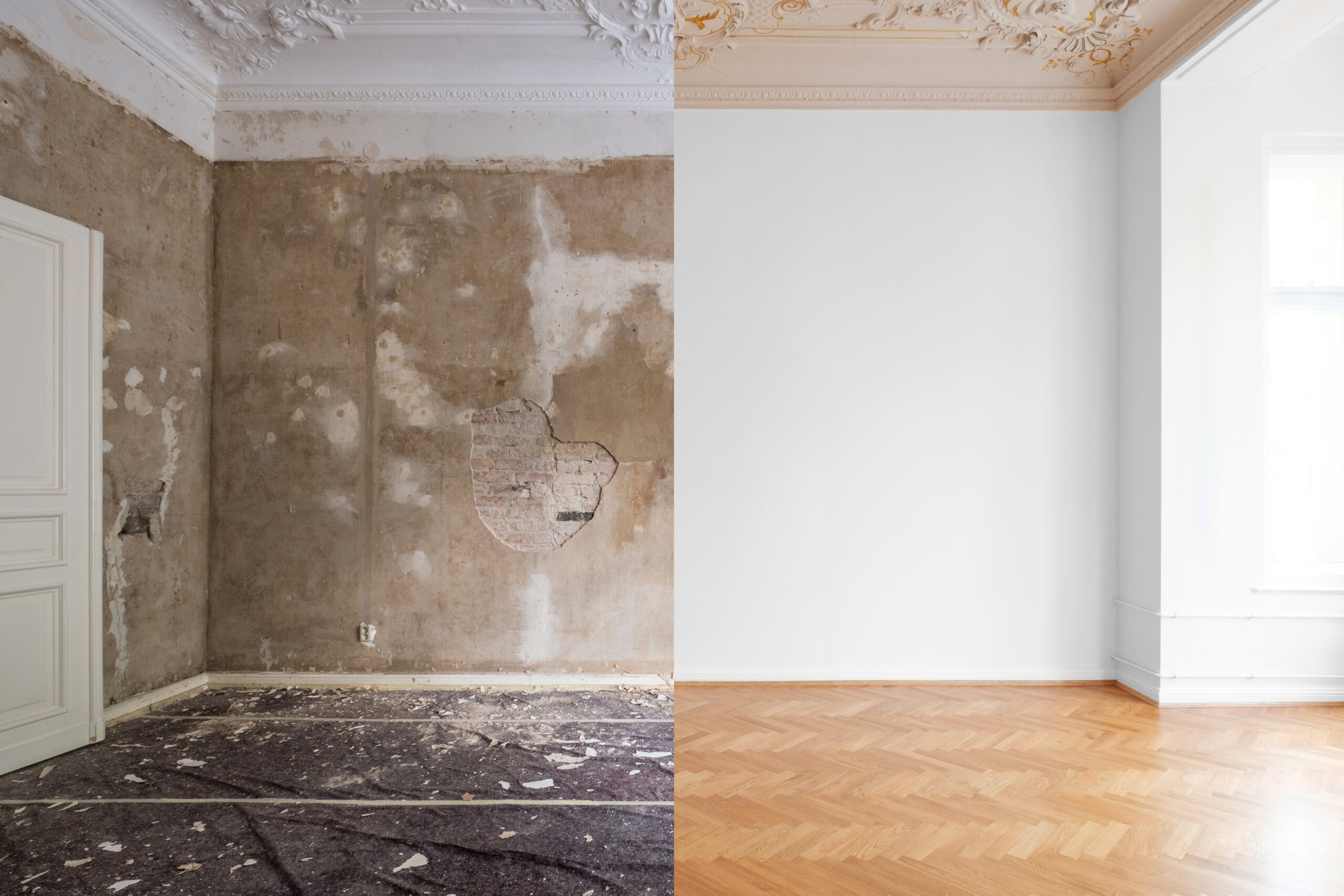 empty apartment room renovation, before and after restoration /  refurbishment